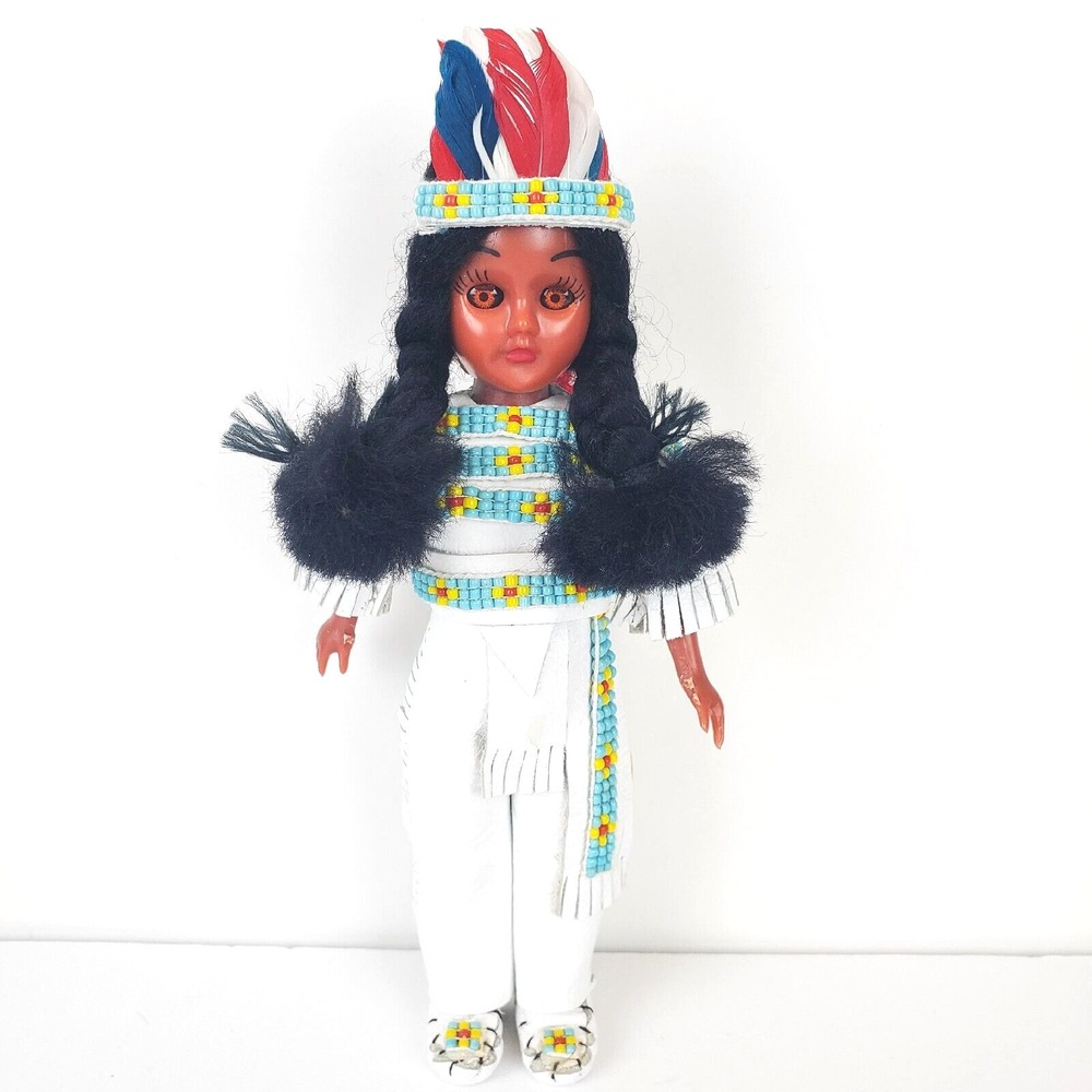Vtg Carlson Handcrafted Sioux Chief 20-23W Doll White Beaded Leather Sleepy Eyes